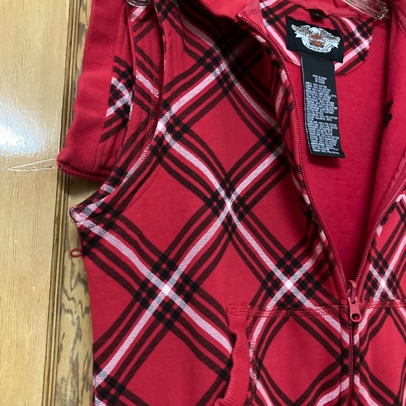 Harley-Davidson Red Plaid Hooded Biker Vest Split Zip Hood M/L Embroidered - Picture 4 of 14